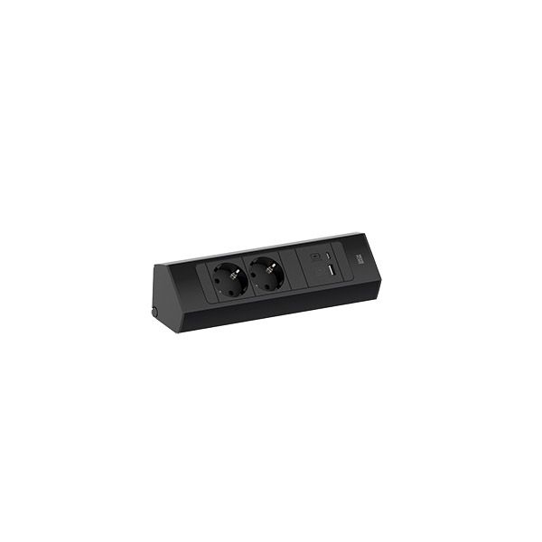 Bachmann 932.102 Steckdosenleiste CASIA 2 Kurz, 2x Schutzkontaktsteckdose, 1x USB A/C 22W, 2,0 m Aderendhülsen und beigelegter Montagestecker, schwarz