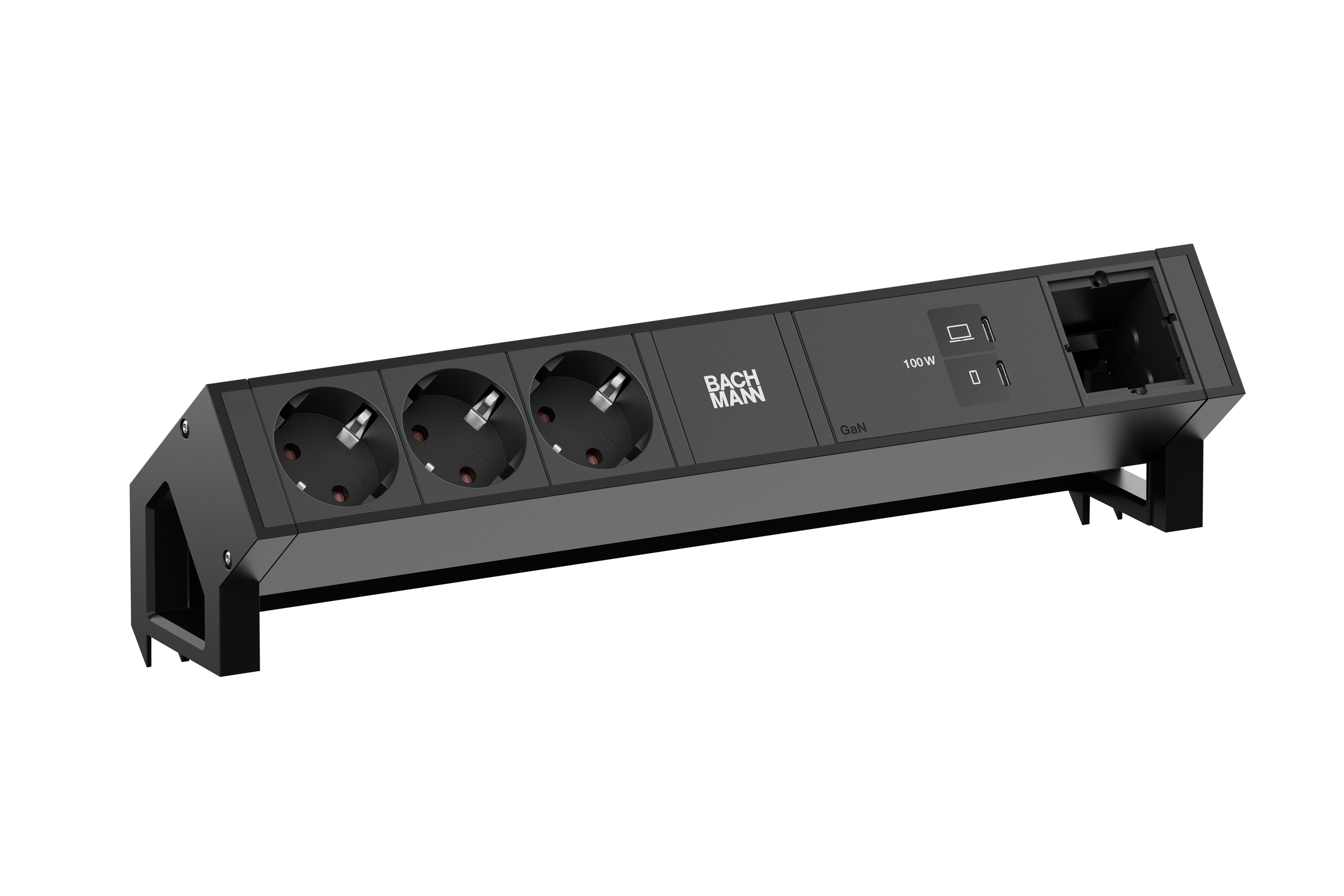 Bachmann BM0023758 Steckdosenleiste DESK2, 3x Schutzkontaktsteckdose, 1x USB C/C 100 W, 1x Custom Module, 0,2 m GST18, inklusive Haltewinkel, schwarz