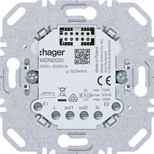 Hager WDN2020 Universal Schalt-Einsatz 2-fach, 2-Draht, 4 A, für A.x/C.x, Unterputz