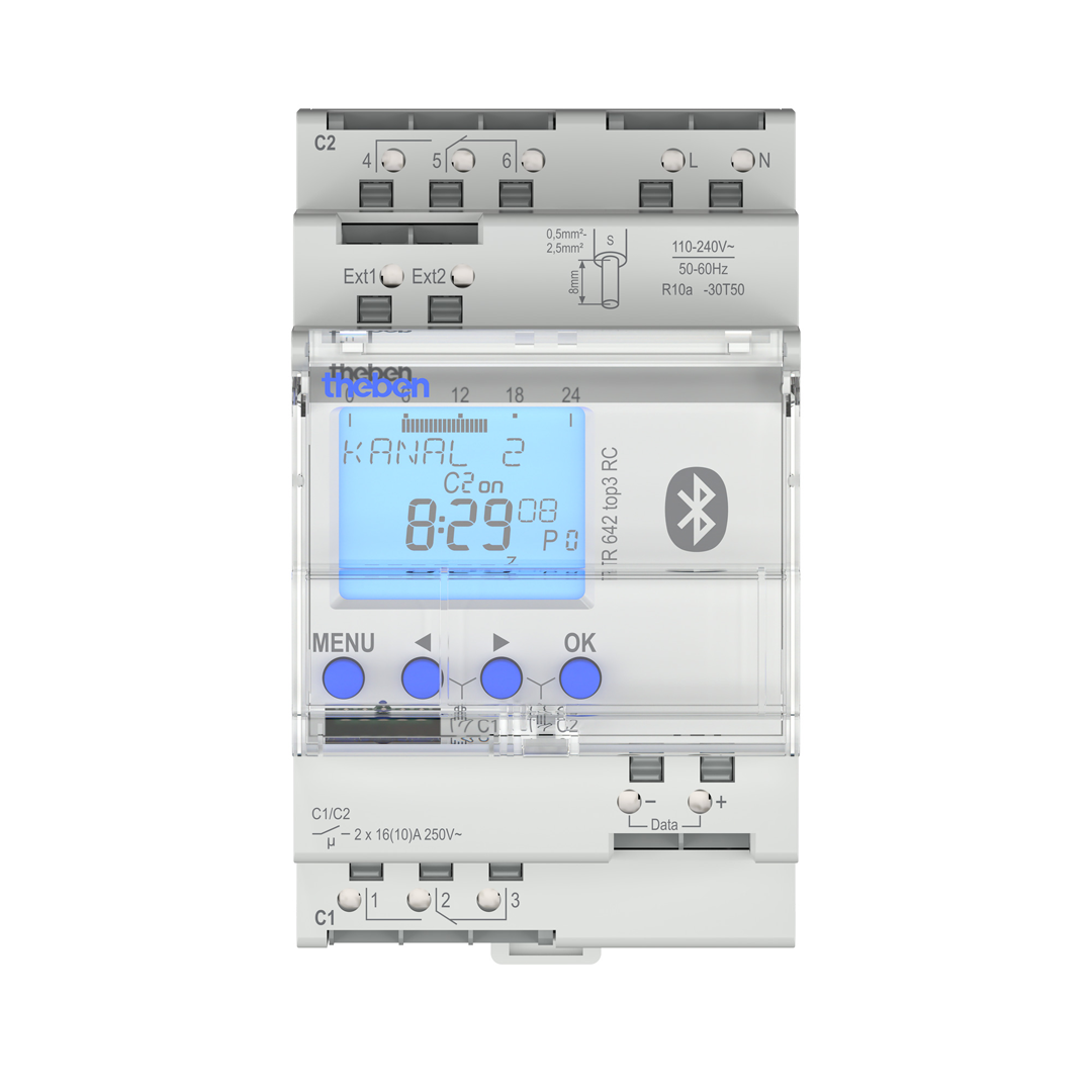 Theben 6420330 TR 642 top3 BLE RC Digitale Zeitschaltuhr, Jahresprogramm und Astro-Programm, 2 Kanäle, App-Programmierung möglich, DCF oder GNSS/GPS