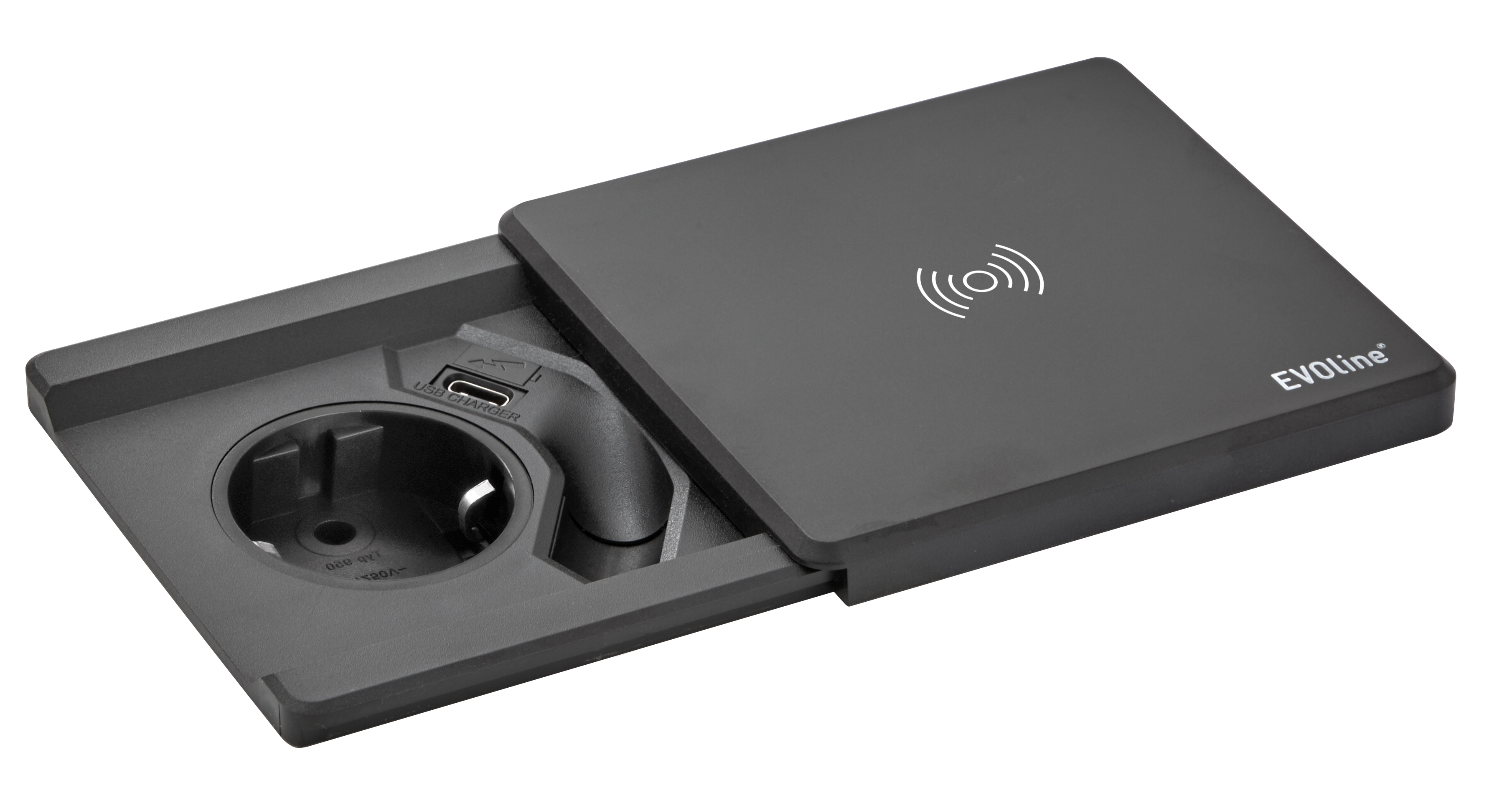 EVOline® 159270024600 Tisch-Einbausteckdose Square80 mit QI-Ladefunktion, VDE-Steckdose, USB Charger Typ C, schwarz