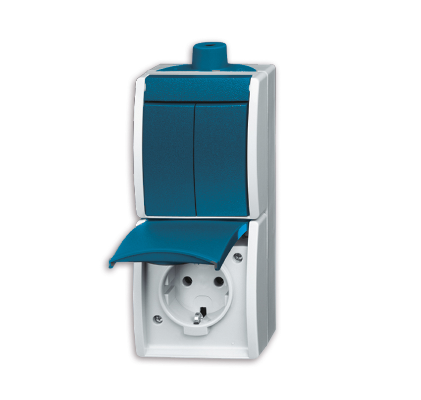 Busch-Jaeger 2601/5/20EW-53-503 Kombination Steckdose/ Serienschalter, Aufputz IP44, grau / blaugrün