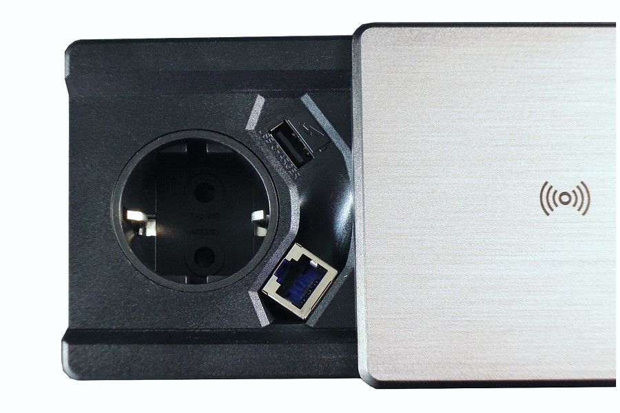 EVOline® 159270003400 Tisch-Einbausteckdose Square80 mit Qi-Ladestation +USB +CAT6-Buchse fest