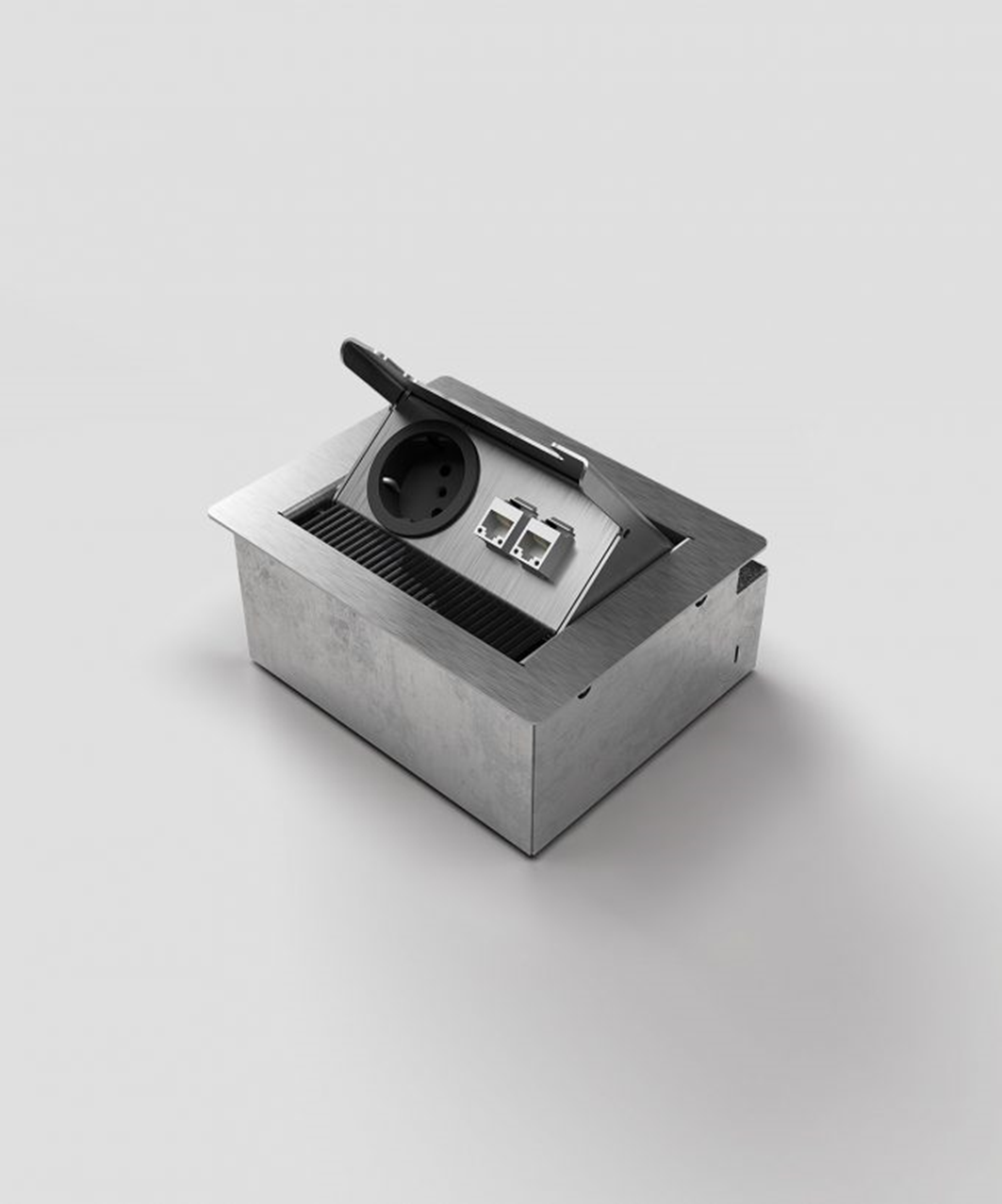 BS 3202E1 Anschlussmodul für Tisch- oder Bodenbereich, 2-fach, eckig, Klappdeckel aus Edelstahl, 1x Schutzkontakt-Steckdose, 1x RJ45 2-fach, inkl. Aufnahmebox