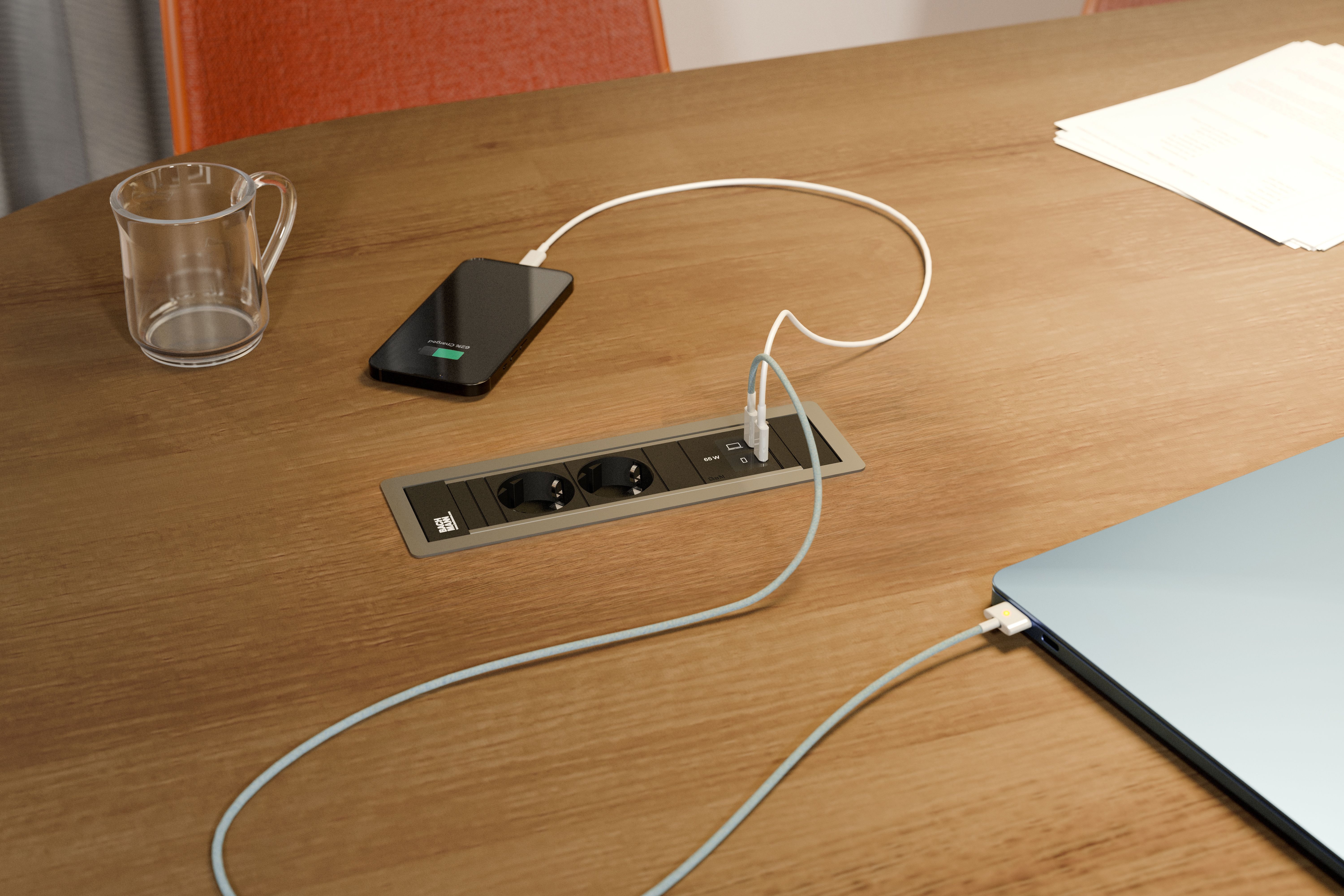 Bachmann BM0022846 Einbau-Steckdosenleiste POWER FRAME Small, 2x Schutzkontaktsteckdose, 1x USB C/C, 65 W, 0,2 m GST18, schwarz