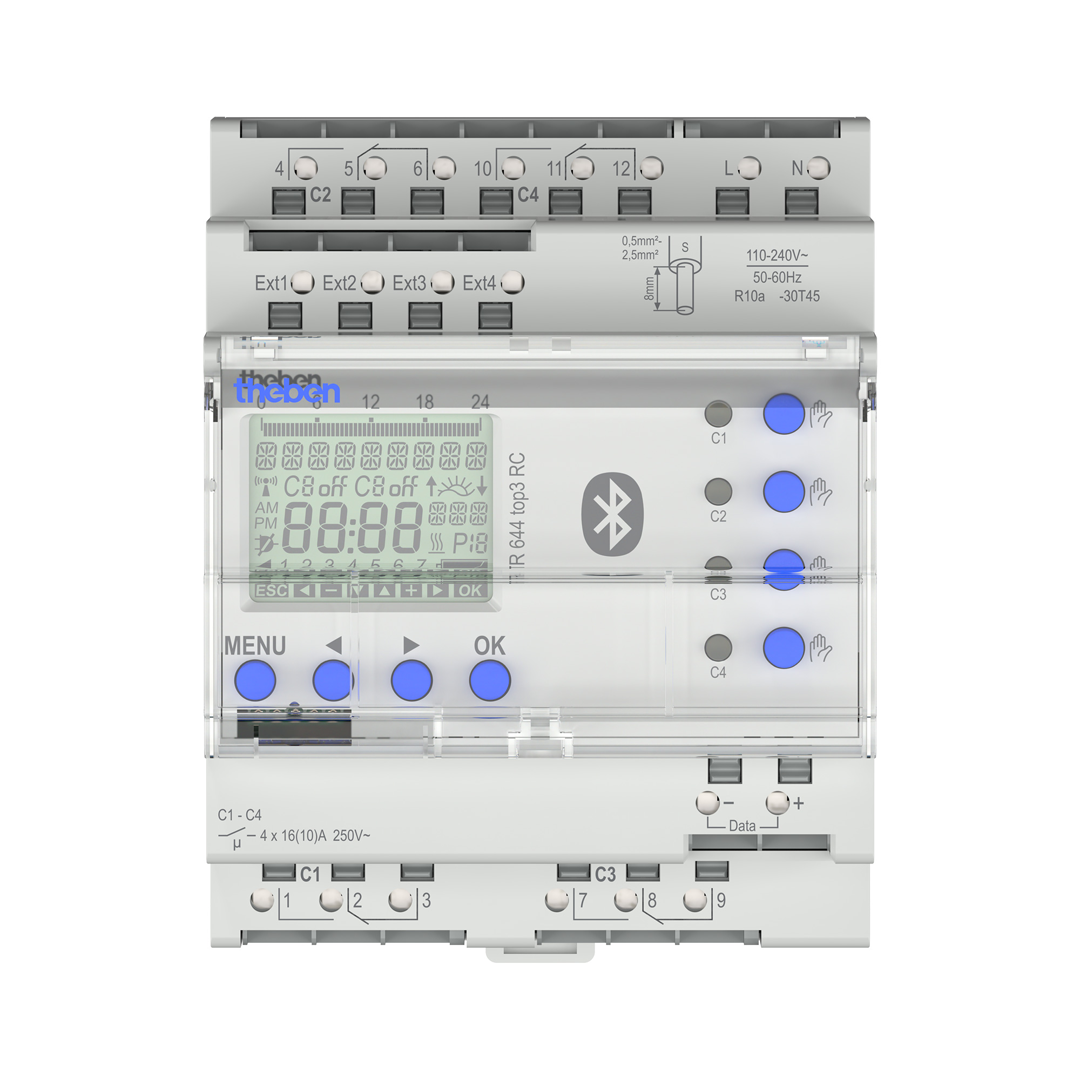 Theben 6440330 TR 644 top3 BLE RC Digitale Zeitschaltuhr, Jahresprogramm und Astro-Programm, 4 Kanäle, App-Programmierung möglich, DCF oder GNSS/GPS