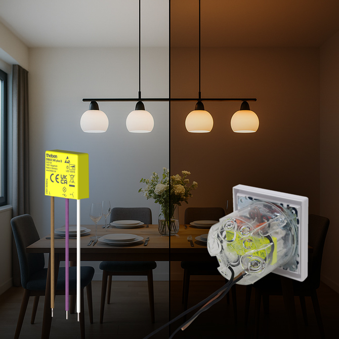 Vorher-Nachher-Vergleich einer Esszimmerbeleuchtung mit dem Theben DIMAX 540 plus B; links helles Licht, rechts gemütlich gedimmte Atmosphäre. Gezeigt wird zudem der Einbau in eine Unterputzdose.
