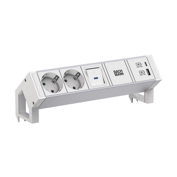 Bachmann 937.404 Steckdosenleiste DESK2, 2x Schutzkontaktsteckdose, 1x Schalter, 1x USB A/C 22 W, 0,2 m GST18, inklusive Haltewinkel, aluminium/weiß
