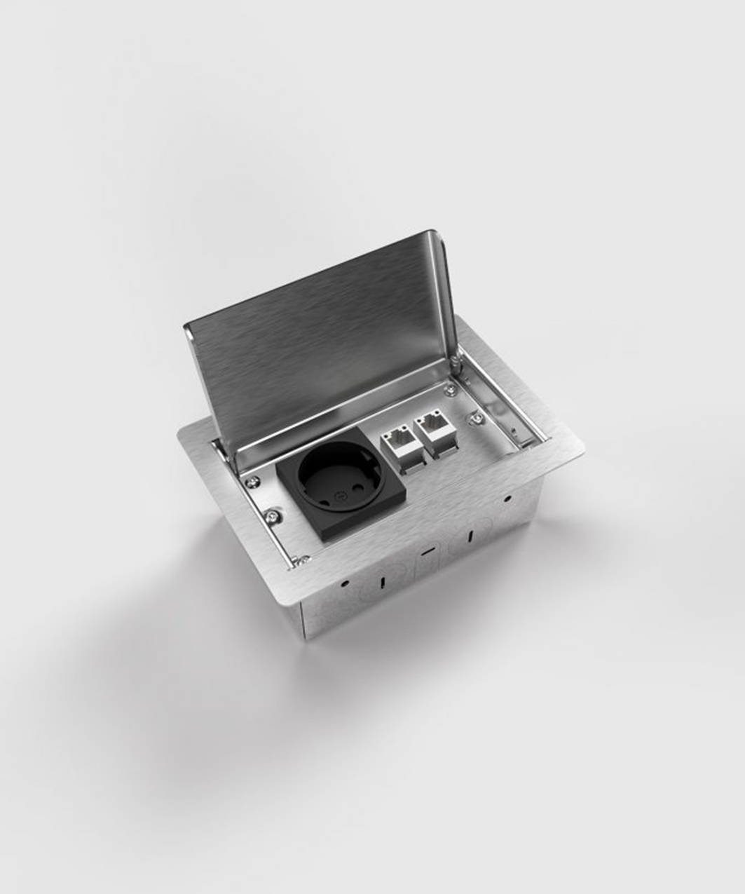 BS 3302E Bodensteckdose, 2-fach, eckig, Klappdeckel aus Edelstahl, 2x Schutzkontakt-Steckdose, inkl. Aufnahmebox