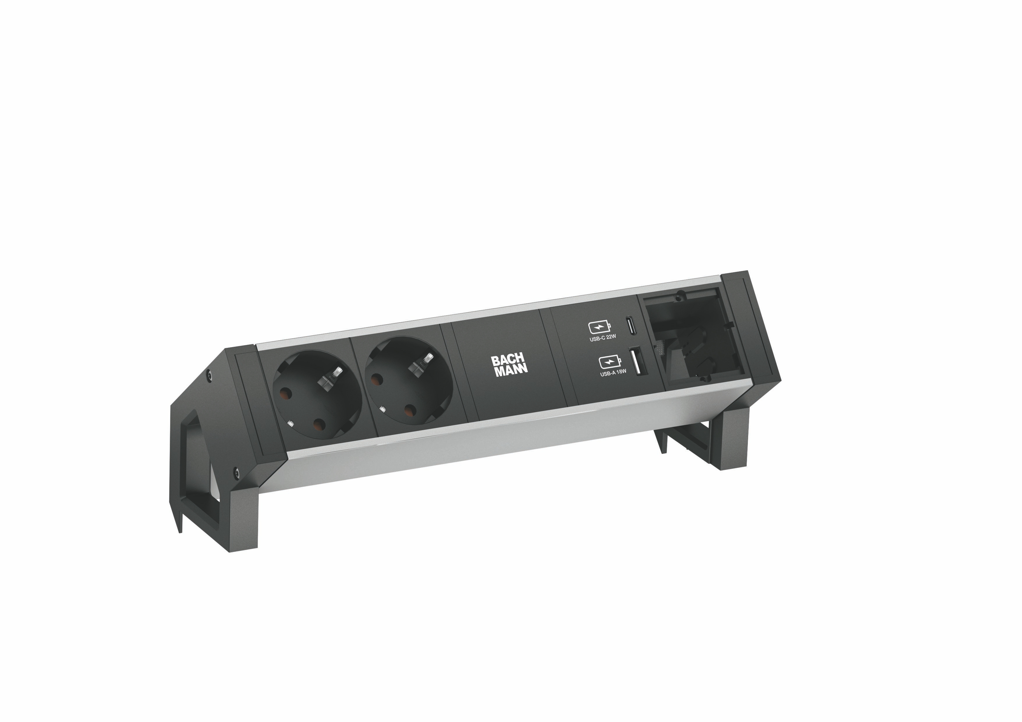 Bachmann 937.304 Steckdosenleiste DESK2, 2x Schutzkontaktsteckdose, 1x Custom Module, 1x USB A/C 22 W, 0,2 m GST18, inklusive Haltewinkel, aluminium/schwarz