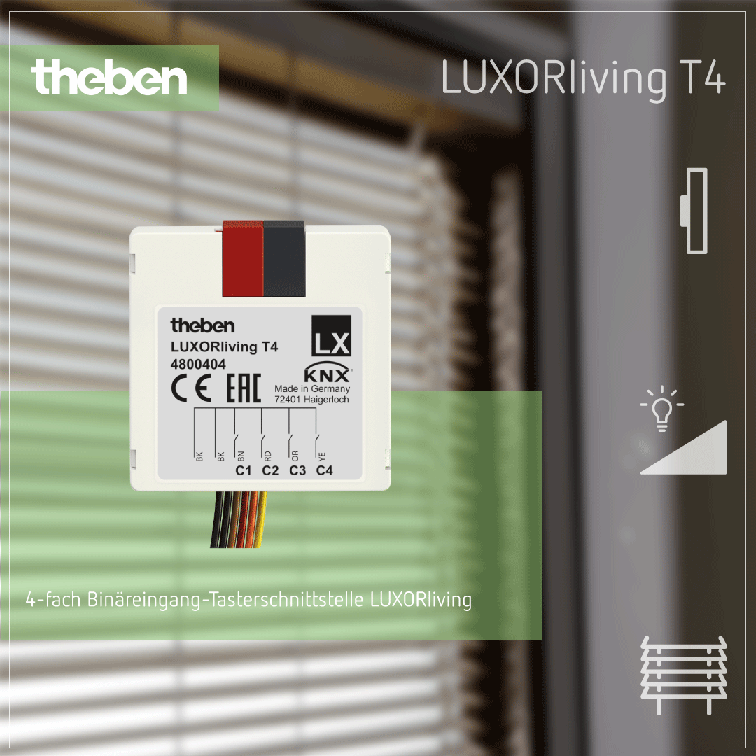 LUXORliving T4 Tasterschnittstelle – Effiziente Schnittstelle für UP-Taster im Smart Home Theben LUXORliving T4 Tasterschnittstelle, UP für die Integration von bis zu vier Tastern im Smart Home
