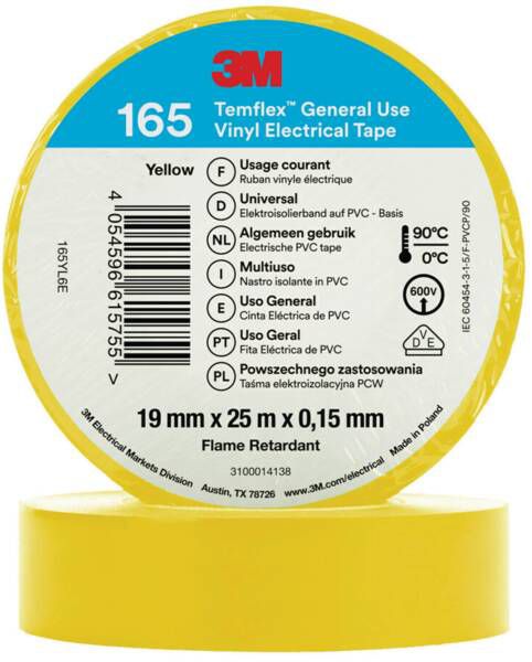 3M 7100184819 Temflex Vinyl-Isolierband 165, 19 mm x 25 m, gelb