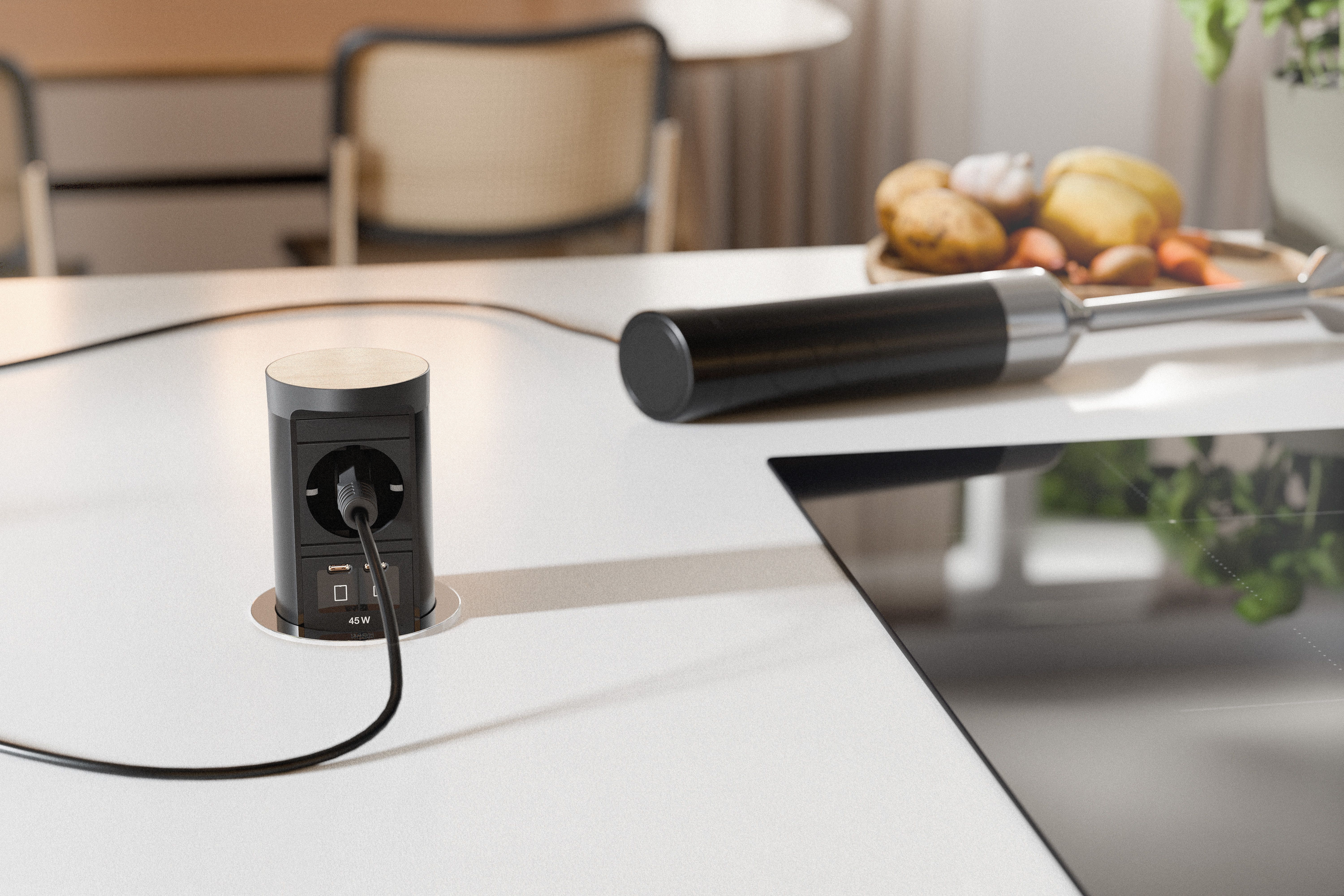 Bachmann BM0020570 Steckdoseneinheit ELEVATOR 2, versenkbar, 1x Schutzkontaktsteckdose, 1x USB C/C 45 W, 2,0 m Aderendhülsen und Montagestecker, edelstahl