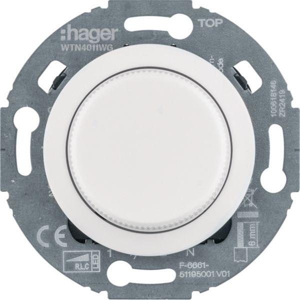 Hager WTN4011WG Universal-Drehdimmer mit Zentralstück (R,L,C,LED), Serie 1930 / Glas, polarweiß glänzend