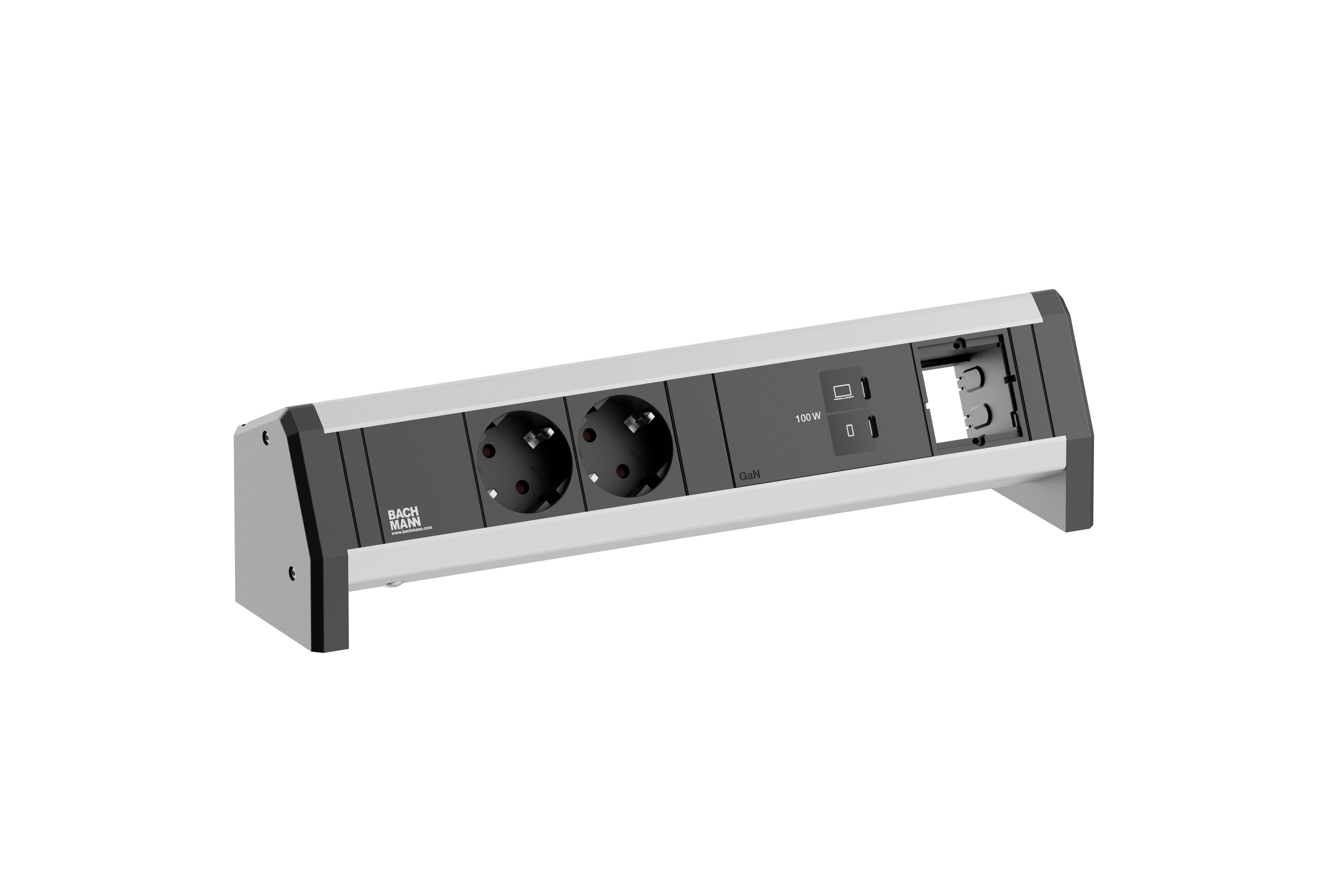 Bachmann BM0023830 Steckdosenleiste DESK, 2x Schutzkontaktsteckdose, 1x USB C/C 100 W, 1x Custom Module, ohne Leitung, GST18 Stromein- und ausgang