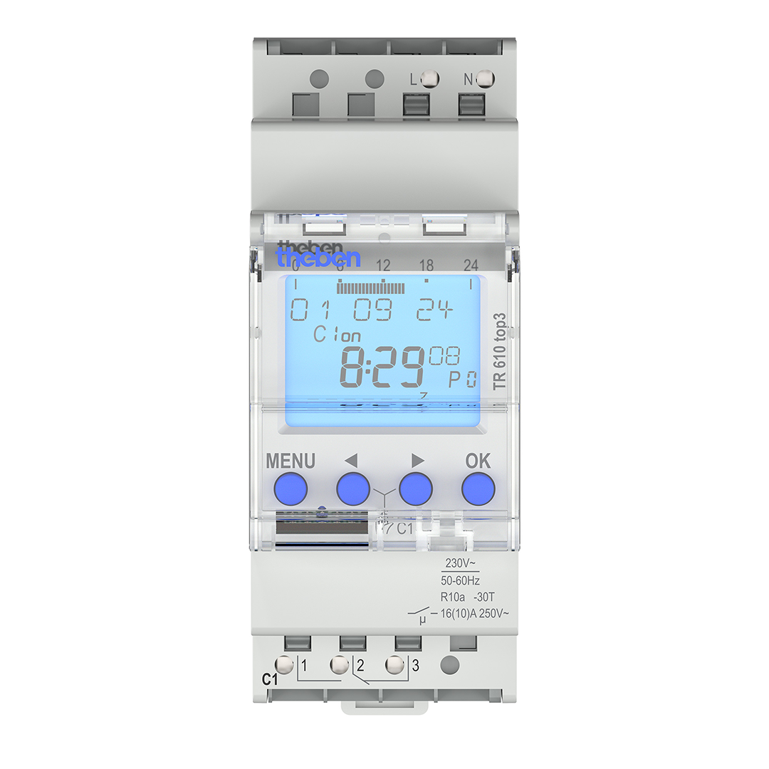 Theben 6100130 TR 610 top3 Digitale 1-Kanal Zeitschaltuhr, App, 600 W LED, Zeitschalter, 10 Jahre Gangreserve, Nulldurchgangsschaltung, Dauerschaltung EIN/AUS, DIN-/Hutschiene, Schaltungsvorwahl