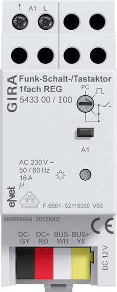 Gira 543300 eNet Funk Schalt- bzw. Tastaktor 1-fach Reiheneinbau (REG), unterstützt Funktionen wie Ein-/Ausschaltverzögerung, Blinkfunktion, Dauer-Ein/-Aus
