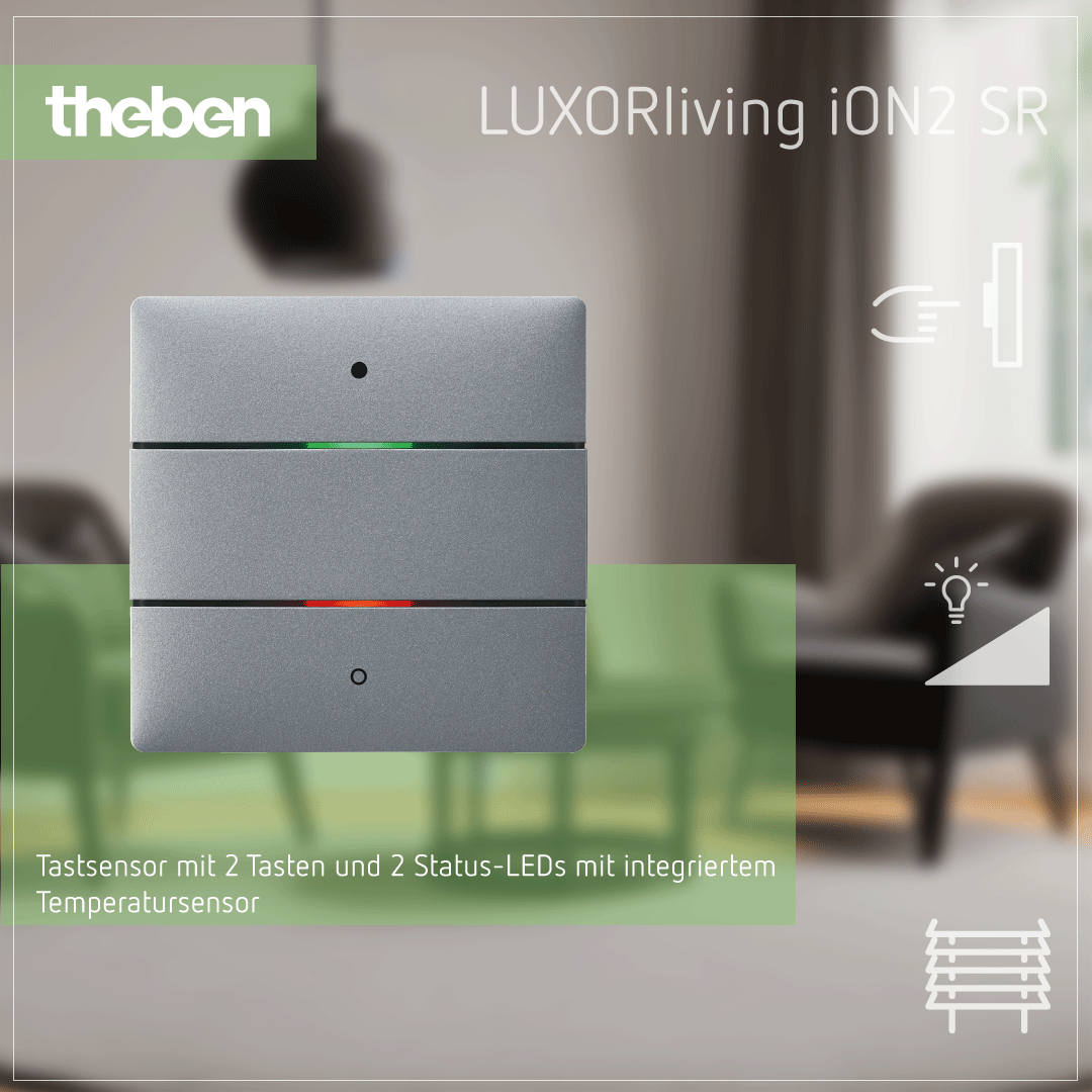 LUXORliving iON2 SR – Tastsensor mit 2 Tasten, 2 LEDs und Temperatursensor in Silber Theben LUXORliving iON2 SR Tastsensor mit 2 Tasten, 2 Status-LEDs und integriertem Temperatursensor in Silber