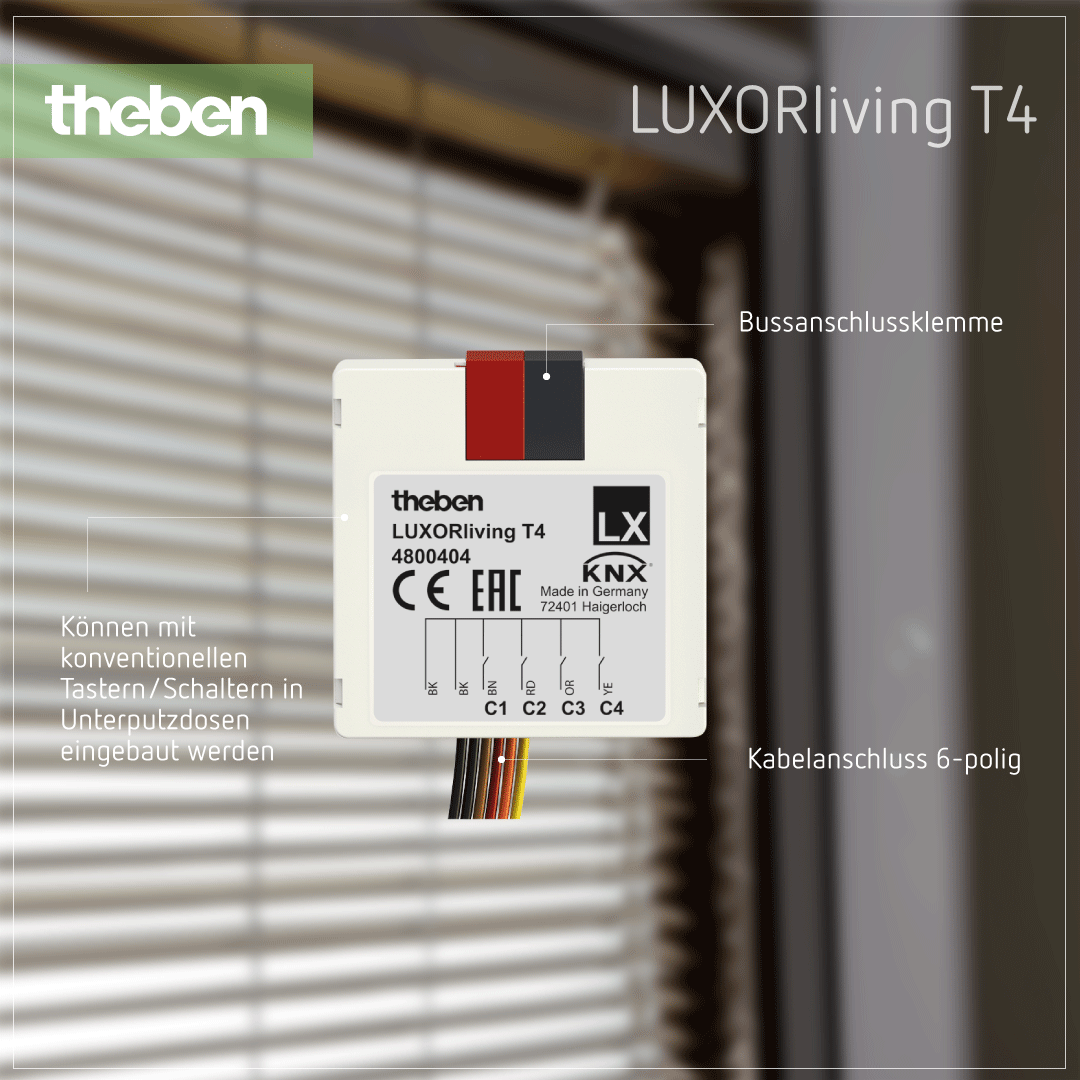 Theben LUXORliving T4 – Tasterschnittstelle zur benutzerfreundlichen Steuerung von Funktionen Produktdetails zur LUXORliving T4 Tasterschnittstelle für die Steuerung elektrischer Geräte