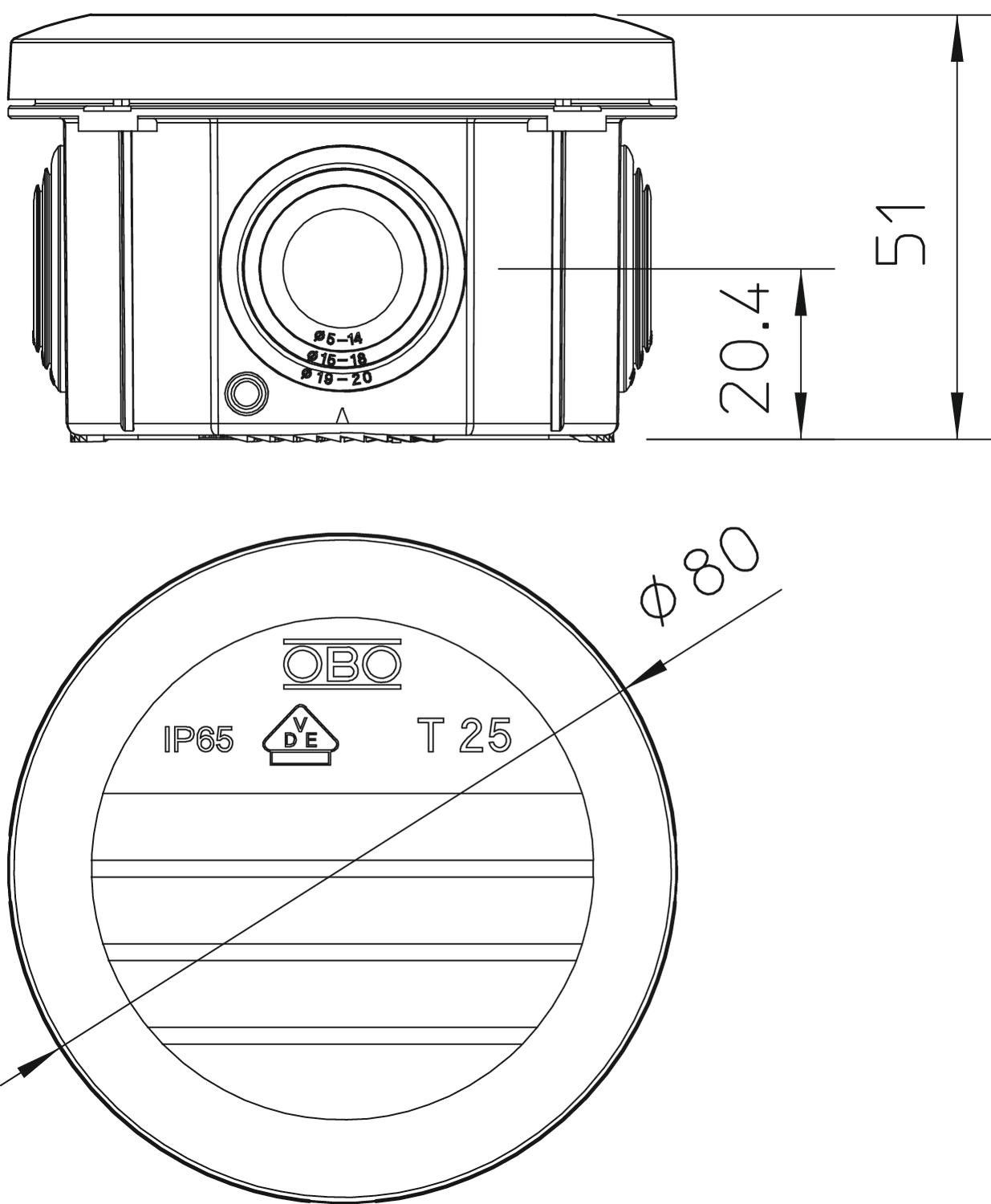 OBO Bettermann 2007029 Kabelabzweigkasten mit Einführungen, Ø 80 mm, IP65, 5 Stück