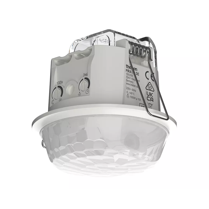 Theben 1030204 PIRA TC DE Korridormelder (PIR) für den Deckeneinbau im Innenbereich, Erfassungsbereich rechteckig 360° mit 25 x 3 m, permanente Lichtmessung, 200 W LED