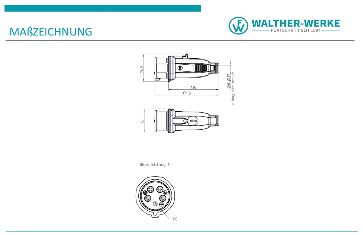 Walther Electric FW210506CC CEE NEO Stecker ''One-Touch'' mit Käfigzugfeder, 400V, 16A, 5P, 6h, IP54