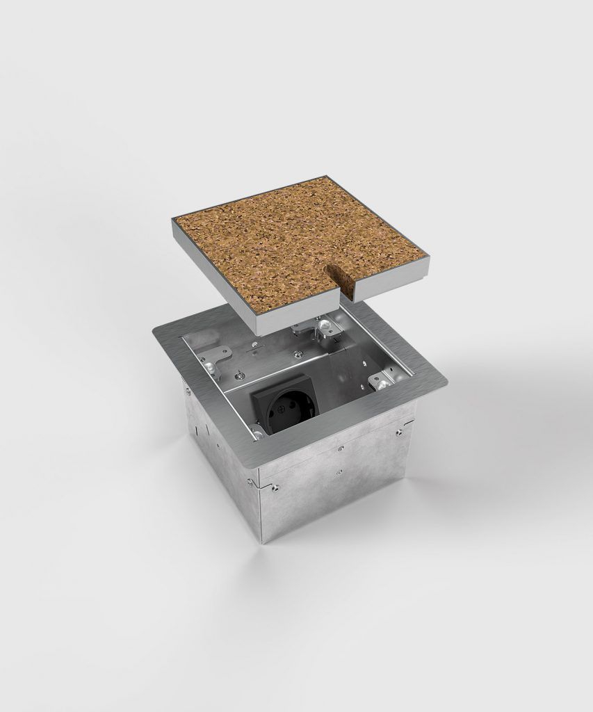 BS 8501B-1-0 Hohlbodentank, 1-fach, eckig, belegbar, Rahmen und Deckel aus Edelstahl, 1x Schutzkontakt-Steckdose