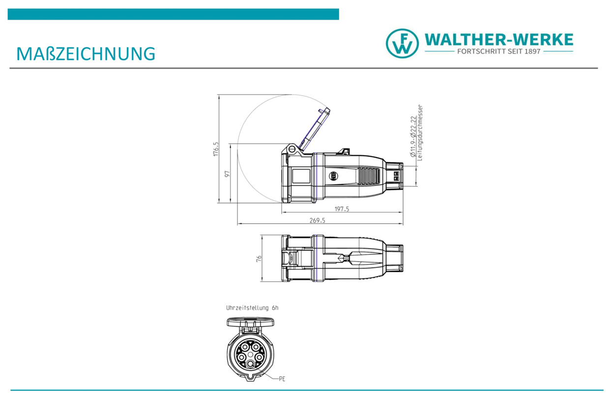 Walther Electric FW330506CC CEE NEO Kupplung One-Touch, 400V, 32A, 5P, 6h, IP54, mit Käfigzugfeder-Technik