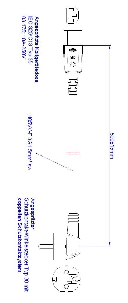 Bachmann 356.905 Kaltgeräte-Zuleitung H05VV-F 3G1,5 mm², 0,5m, Schutzkontakt-Winkelstecker / C13 Kaltgerätekupplung (einzeln verpackt), grau
