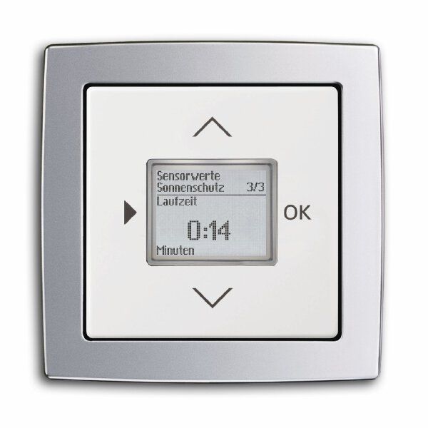 Busch-Jaeger 6435-84 Zentralscheibe für Timer/Raumtemperatur-Regler-Bedienelement mit Aufdruck Symbol "Pfeiler" und "OK", studioweiß glänzend, Plattform 63