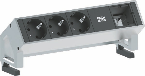 Bachmann 902.400 DESK2, 3 Schutzkontaktsteckdosen, 1 Custom Module leer, Zuleitung 0,2m H05VV-F3G1,5mm², GST18i3 Stecker, inkl. Haltewinkel