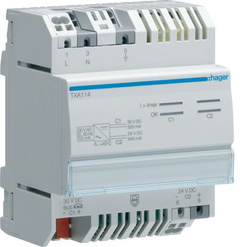 Hager TXA114 Spannungsversorgung KNX mit 1 Ausg. inkl. Drossel 320mA + 1 Ausg. 24VDC, 640mA