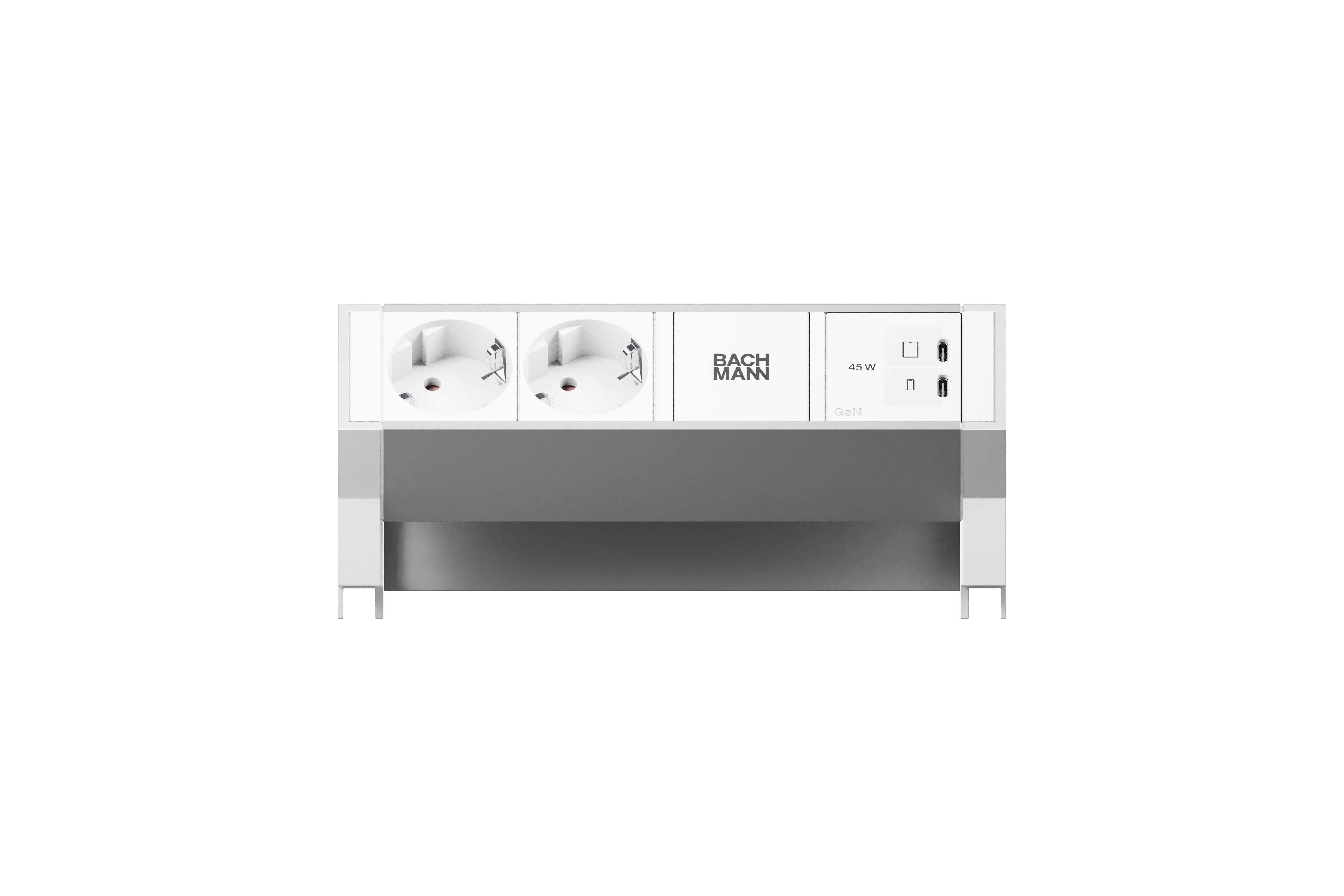 Bachmann BM0022042 Steckdosenleiste DESK2, 2x Schutzkontaktsteckdose, 1x USB C/C 45 W, 0,2 m GST18, inklusive Haltewinkel, aluminium/weiß
