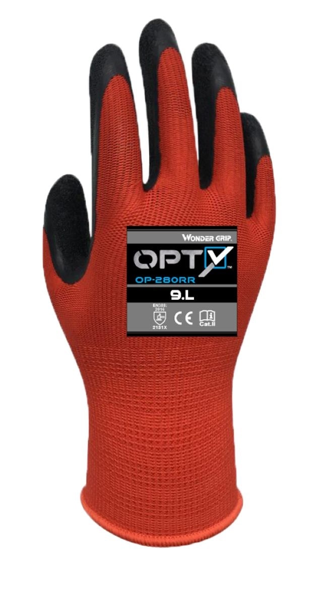 Wonder Grip® OP-280RR Arbeitshandschuh Opty™, Gr. XXL/11, sehr dünn, hohe Flexibilität, hervorragende Griffigkeit, für allgemeine Tätigkeiten, rot/schwarz