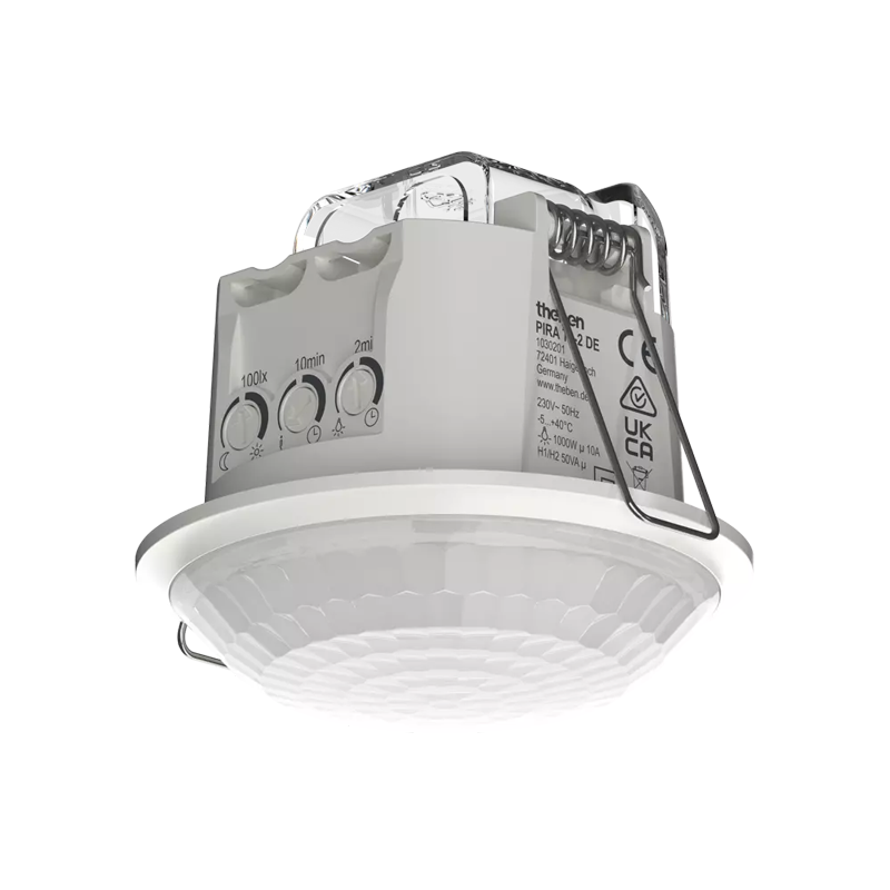Theben 1030201 PIRA T8-2 DE Bewegungsmelder (PIR) für den Deckeneinbau im Innenbereich, 1 Kanal Licht / 1 Kanal Präsenz für HKL, Erfassungsbereich rund 360°, Durchmesser 8 m, permanente Lichtmessung, 200 W LED