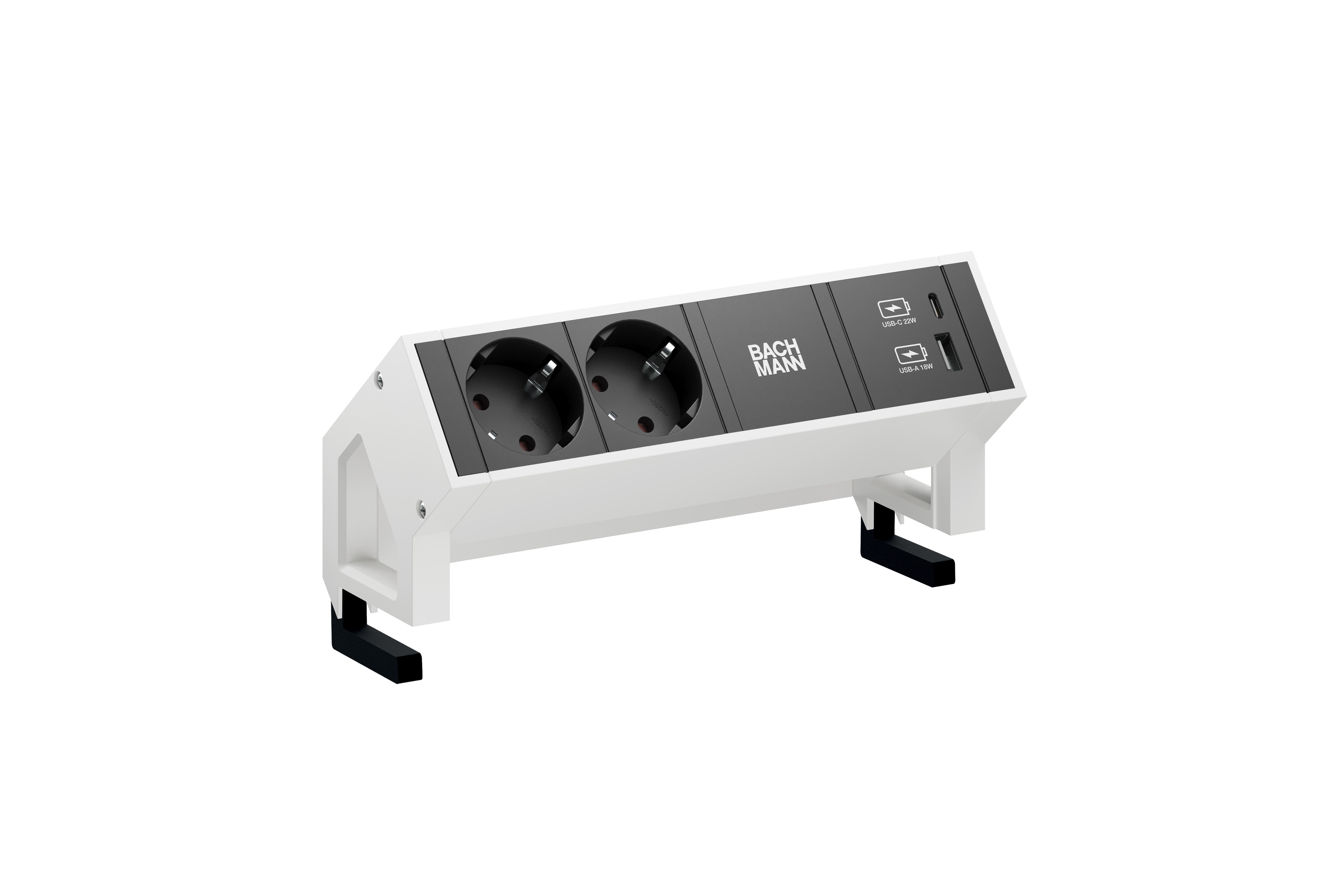 Bachmann 902.932 Steckdosenleiste DESK2, 2x Schutzkontaktsteckdose, 1x USB A/C 22 W, 0,2 m GST18, inklusive Haltewinkel, weiß/schwarz