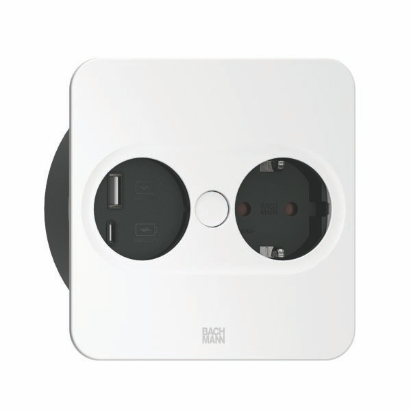 Bachmann 946.205 Steckdoseneinheit TWIST 2, 1x Schutzkontaktsteckdose, 1x USB A/C 22 W, 2,0 m Aderendhülsen und Montagestecker, eckig, weiß matt