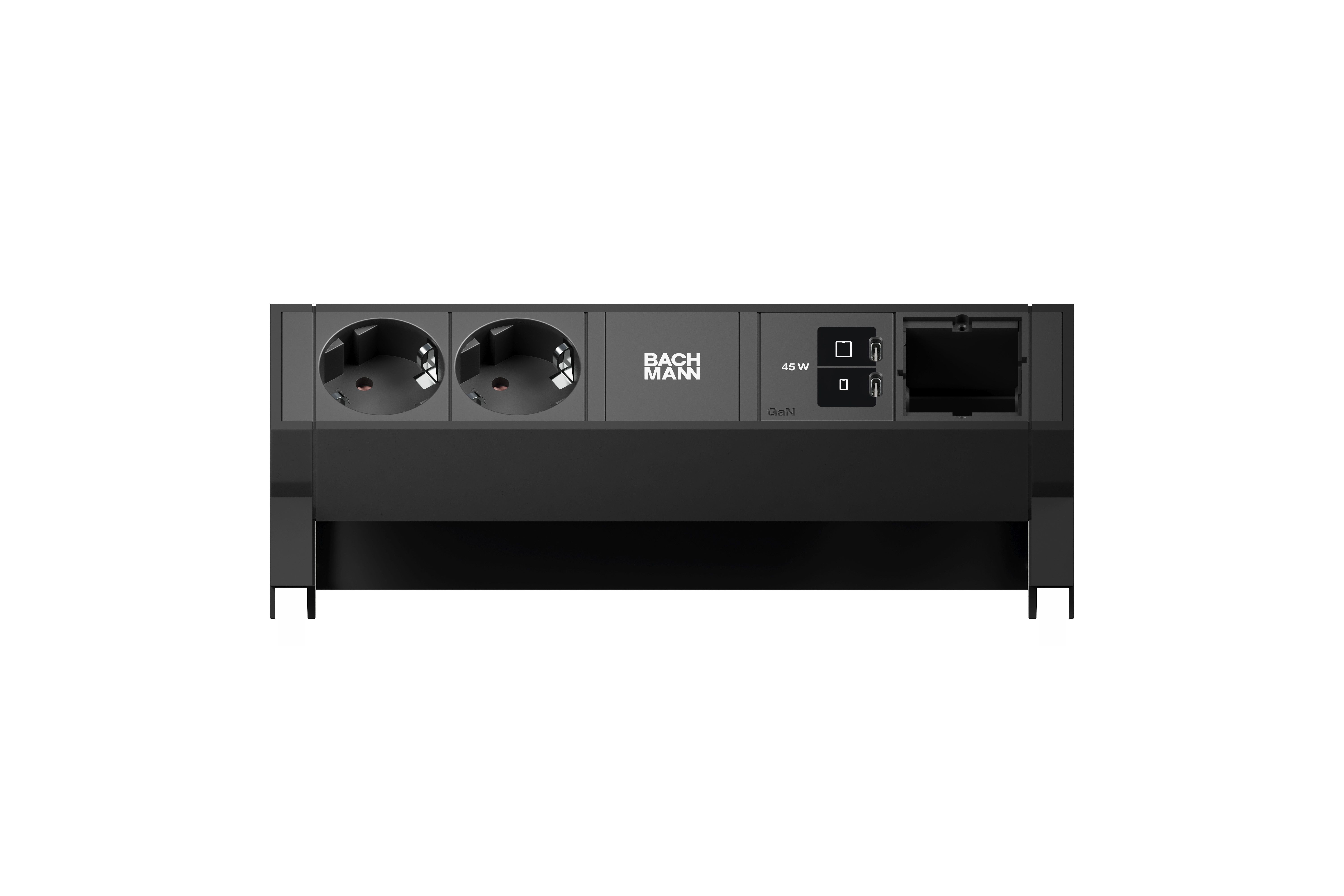 Bachmann BM0024217 Steckdosenleiste DESK2, 2x Schutzkontaktsteckdose, 1x USB C/C 45 W, 1x Custom Modul, 0,2 m GST18, inklusive Haltewinkel, schwarz