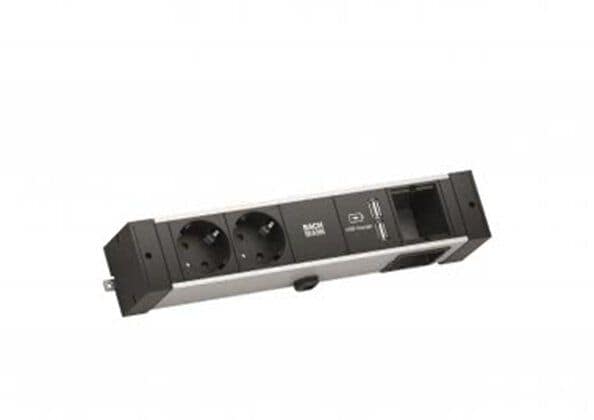 Bachmann 941.001 DESK RAIL, 2 Schutzkontaktsteckdosen, 1 USB Doppelcharger 5V/3,1A, 1 Custom Modul leer,  Zuleitung 2m H05VV-F3G1,5mm², GST18i3 Stecker