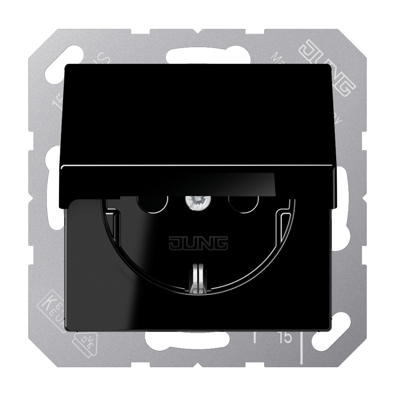 Jung A1520NKLSW Schutzkontakt-Steckdose, ohne Krallen, Klappdeckel, Duroplast, Serie A, schwarz