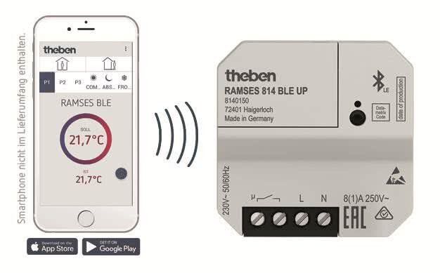Theben 8140150 RAMSES 814 BLE UP Digital-Uhrenthermostat für UP-Montage, Wochenprogramm, App-Bedienung