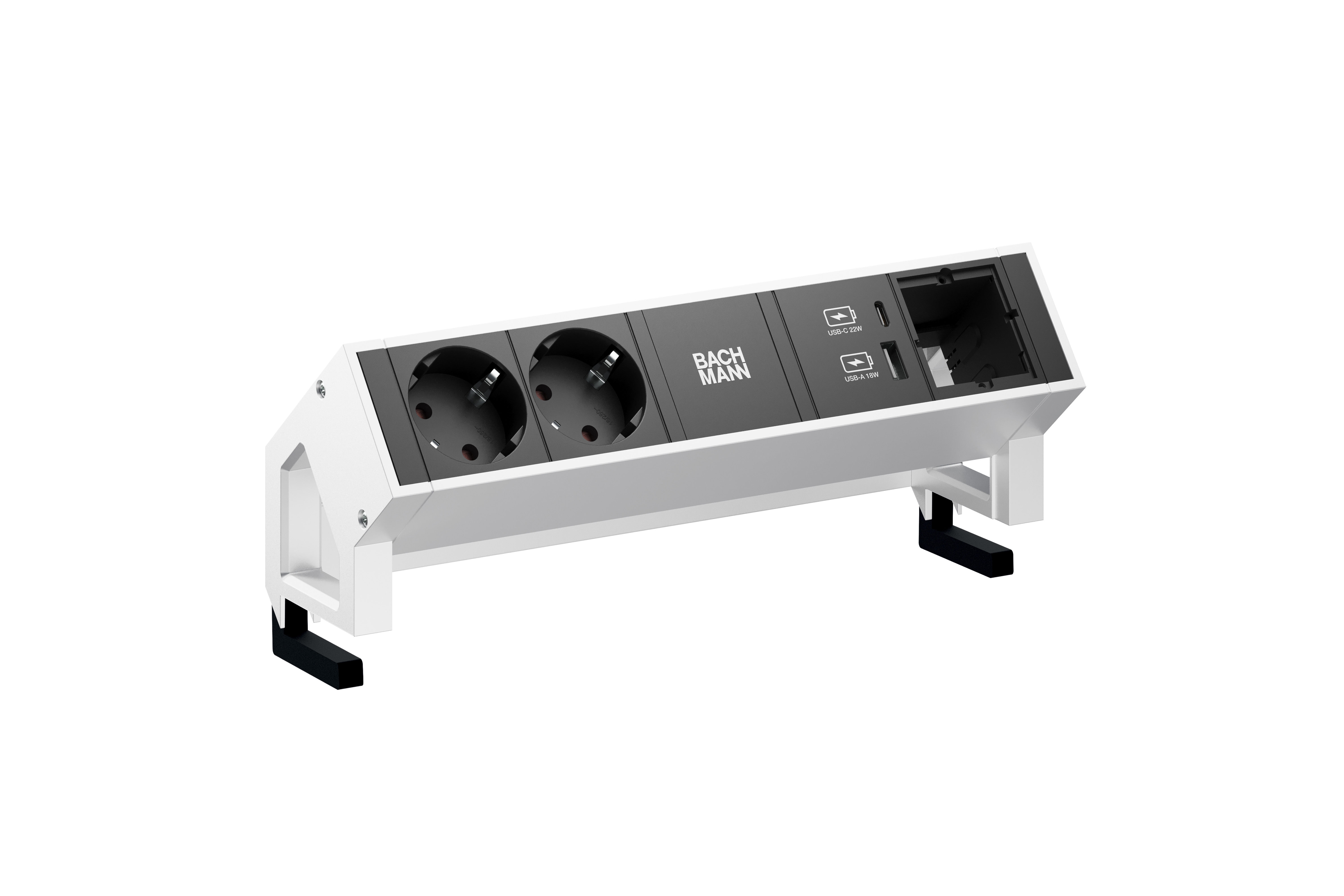 Bachmann 902.904 Steckdosenleiste DESK2, 2x Schutzkontaktsteckdose, 1x USB A/C 22W, 1x Custom Module, 0,2 m GST18, inklusive Haltewinkel, edelstahl/schwarz