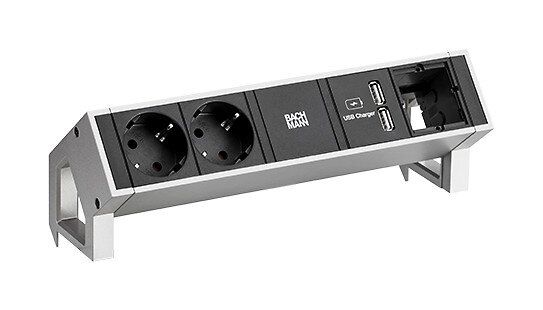 Bachmann 902.428 DESK2, 2 Schutzkontaktsteckdose, 1 USB Doppelcharger 2.0 5V 3,1A, 1 Custom Modul leer, Zuleitung 0,2m H05VV-F3G1,5mm², GST18i3 Stecker, inkl. Haltewinkel