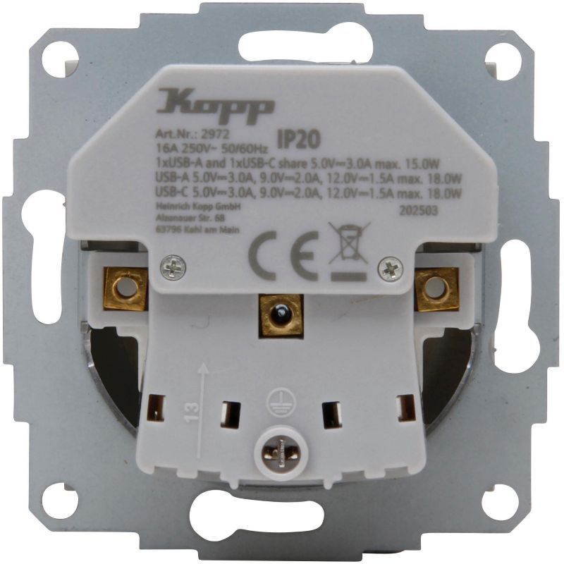 Kopp 297250007 HK07 - Unterputz-Schutzkontakt Steckdose mit USB-A und USB-C Ladebuchse, schwarz matt