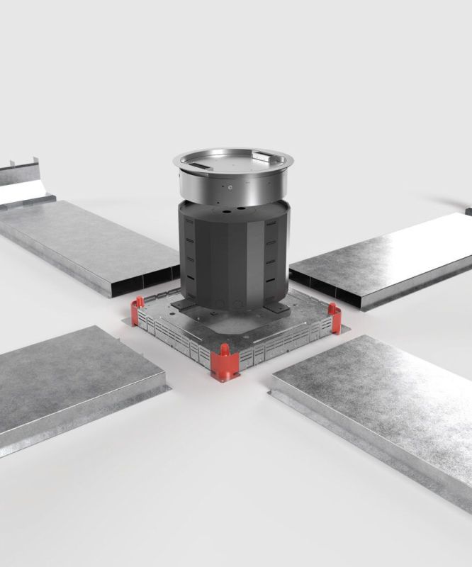 Modulares Unterflursystem mit zentraler Einheit und Kabelkanälen.