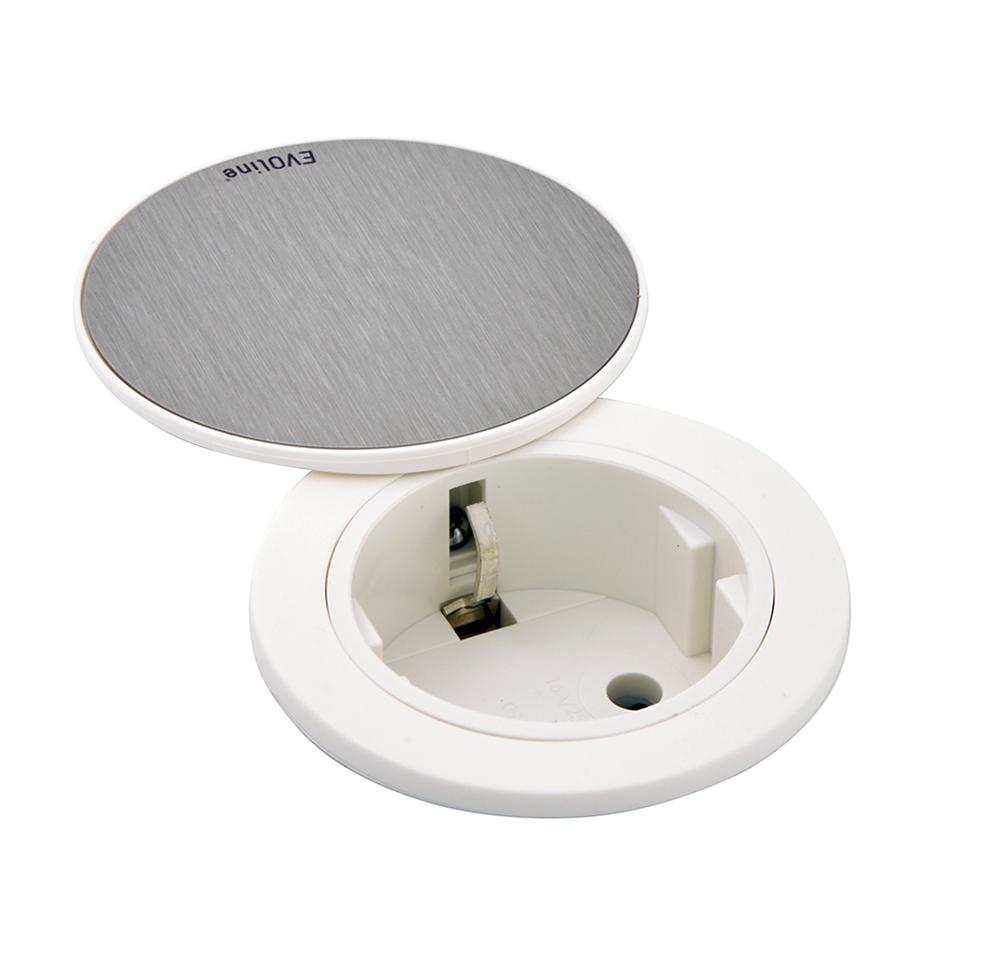 EVOline® 159280006200 One mit Drehdeckel und VDE-Steckdose, 16 A mit Berührungsschutz, Netzanschlusskabel 3 m, weiß mit Edelstahleinleger