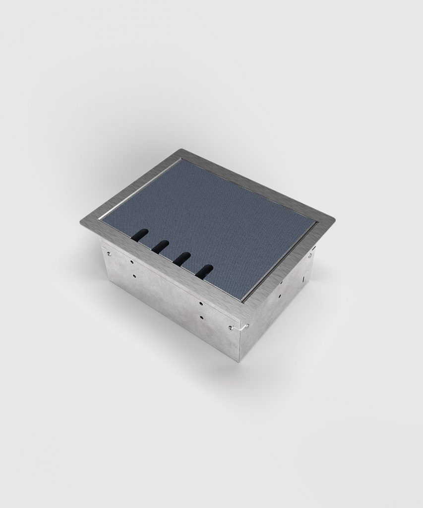 BS 8504B-4-0 Hohlbodentank, 4-fach, eckig, belegbar, Rahmen und Deckel aus Edelstahl, 2x Schutzkontakt-Steckdose, 1x RJ45 2-fach, 1x Antenne (SAT/TV/R, Enddose)