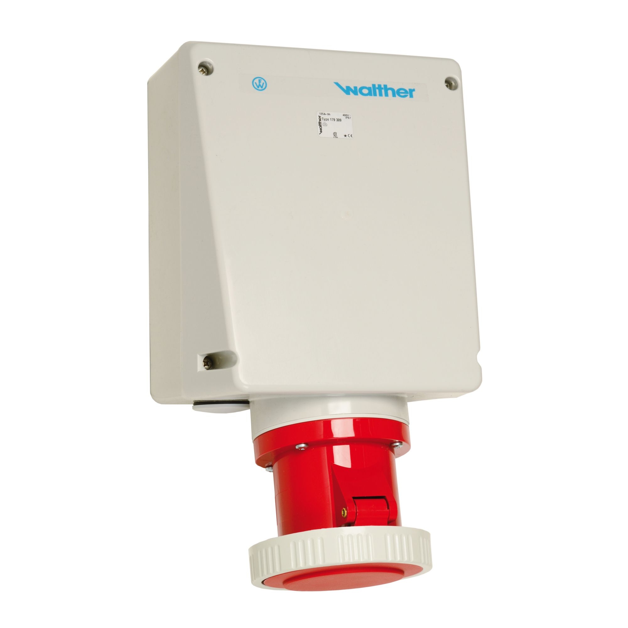 Walther Werke 179309 Wasserdichte Wandsteckdose zur Innenbefestigung 125A 3P 9h mit je 2 Kabeleinführungen oben/unten und Klemmsatz