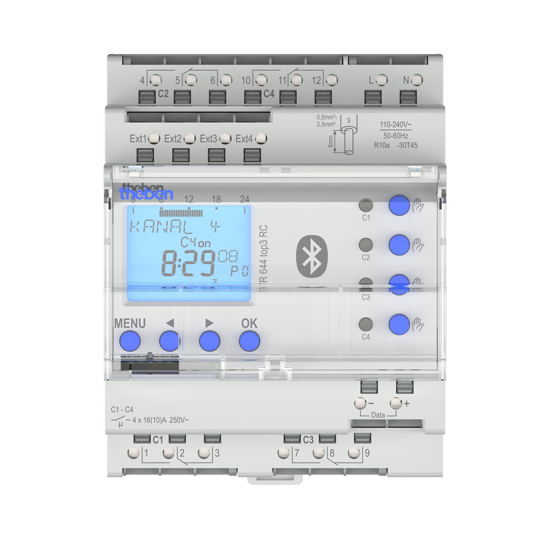 Theben 6440330 TR 644 top3 BLE RC Digitale Zeitschaltuhr, Jahresprogramm und Astro-Programm, 4 Kanäle, App-Programmierung möglich, DCF oder GNSS/GPS