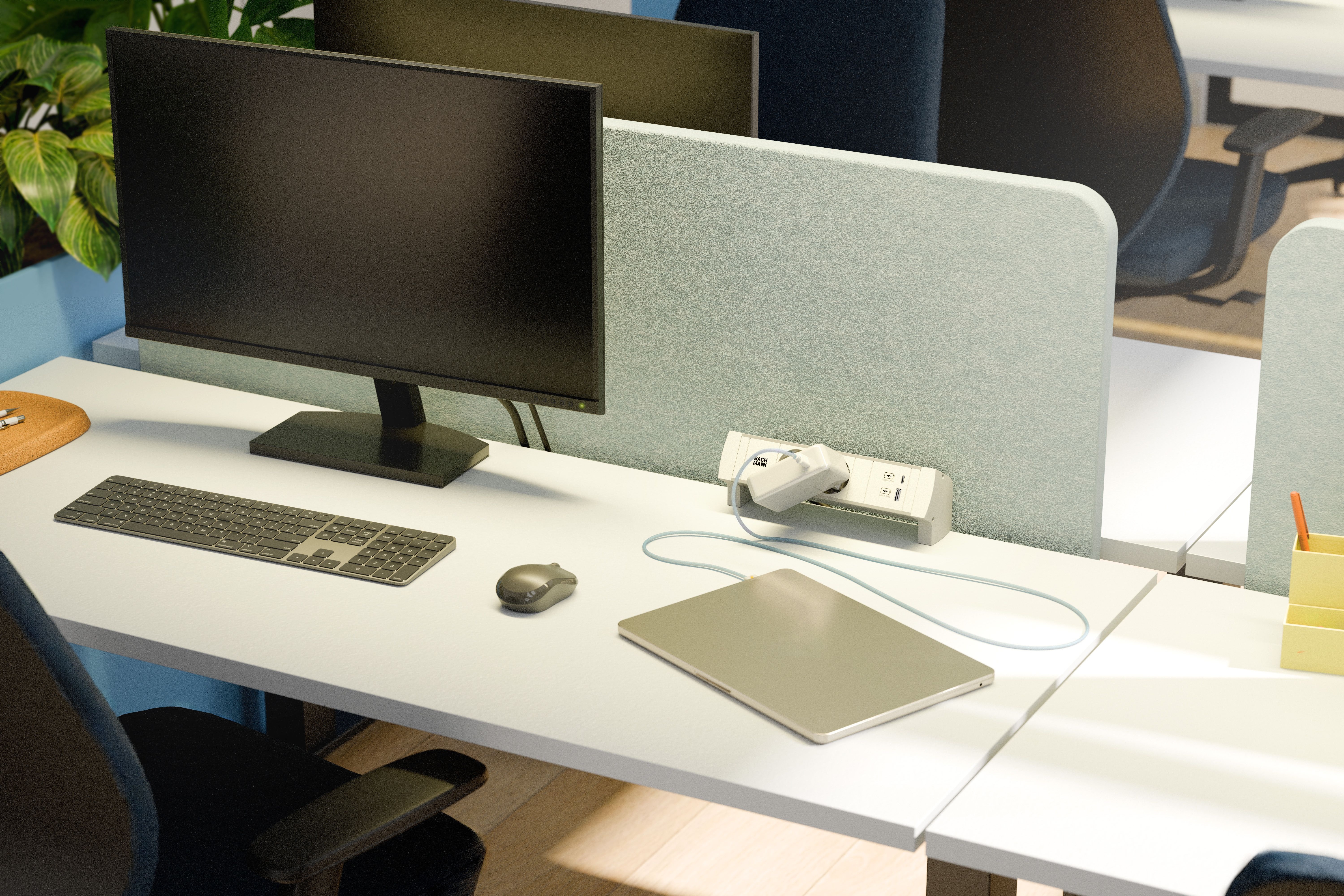 Bachmann BM0028979 Steckdosenleiste DESK STYLE, 2x Schutzkontaktsteckdose, 1x USB A/C 22 W, 0,2 m GST18, mit Haltewinkel, hellgrau/weiß